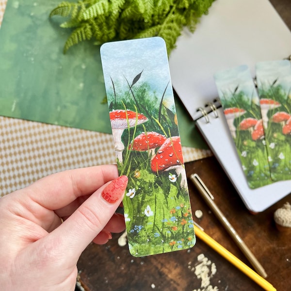Segnalibro Foresta di Funghi / Rosso / Prato / Regalo per amanti dei libri / Regalo per lettori / Segnalibri accoglienti / Segnalibri illustrati