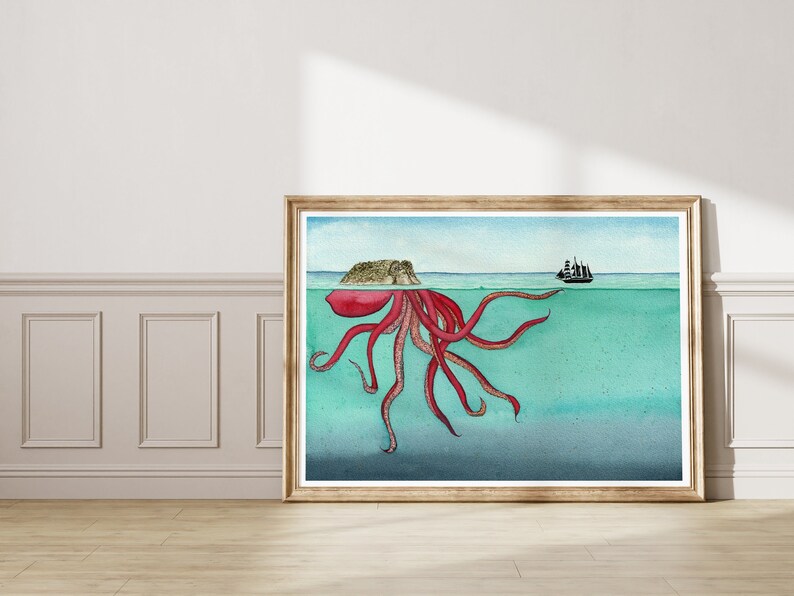 Kraken Watercolor Art Print, Watercolor Painting, Ocean Print, Giclee, Watercolor Art, Wall Decor, Wall Art, Gold, Octopus, Ocean, Sea image 2