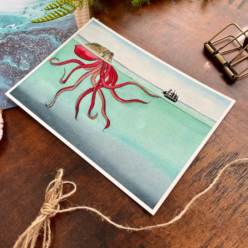 Kraken Watercolor Art Print, Watercolor Painting, Ocean Print, Giclee, Watercolor Art, Wall Decor, Wall Art, Gold, Octopus, Ocean, Sea image 3