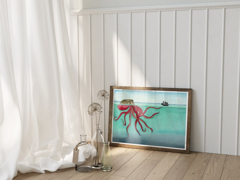 Kraken Watercolor Art Print, Watercolor Painting, Ocean Print, Giclee, Watercolor Art, Wall Decor, Wall Art, Gold, Octopus, Ocean, Sea image 7