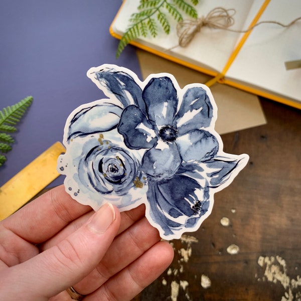 Blue Floral Vinyl Sticker, Watercolor sticker, Gold ink, flowers, peony, rose, Laptop Decal, Planner Sticker, Tumbler Decal, Vinyl Decal