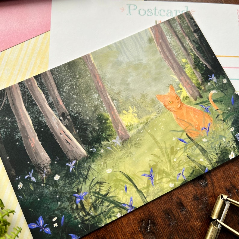 Cartolina Re degli Iris / Gatto arancione / Gattino zenzero / Floreale / Fiori / Cancelleria Penpal / Cancelleria fatta a mano / Cartoline immagine 3