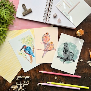 Juego de postales de aves / Cuervo / Tórtola / Martín pescador / Juego de postales / Papelería para amigos por correspondencia / Papelería hecha a mano / Postales
