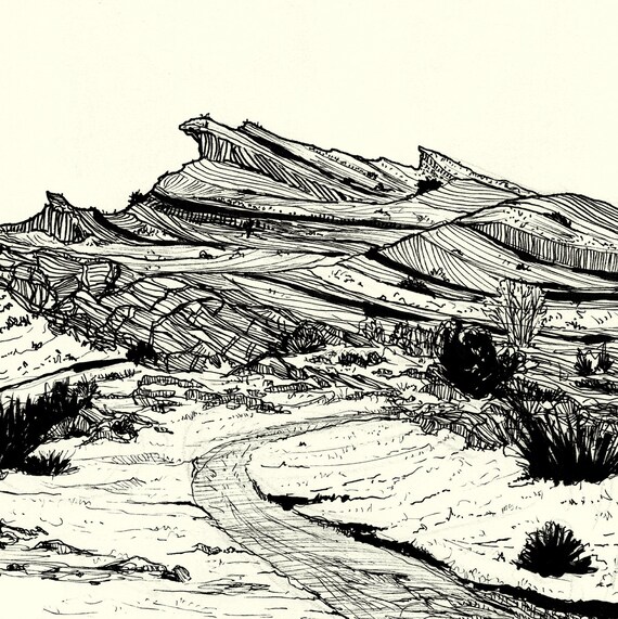 Art Print // landscape desert black and white illustration Etsy