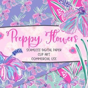 PREPPY FLOWERS. Seamless Digital Paper. Clip Art. Preppy Patterns. Tropical. Watercolor. Repeat Pattern. Commercial Use.