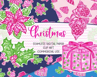 CHRISTMAS. Seamless Digital Paper. Clip Art. Preppy Patterns. Tropical. Floral. Watercolor. Repeat Pattern. Commercial Use.