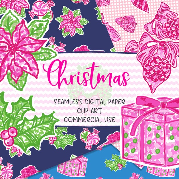 CHRISTMAS. Seamless Digital Paper. Clip Art. Preppy Patterns. Tropical. Floral. Watercolor. Repeat Pattern. Commercial Use.