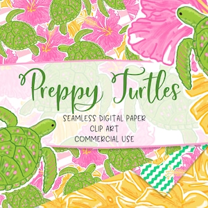 TURTLES and FLOWERS. Seamless Digital Paper. Clip Art. Preppy Pattern. Tropical. Floral. Leaves. Watercolor. Commercial Use. Scrapbook.