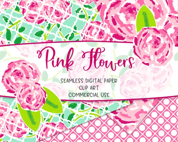 Pink And Green Flowers Seamless Digital Paper Clip Art Etsy
