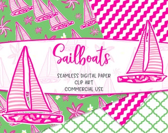 SAILBOATS. Seamless Digital Paper. Clip Art. Preppy Patterns. Tropical. Watercolor. Repeat Pattern. Commercial Use.