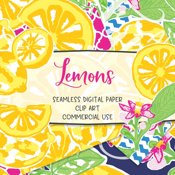 LEMONS. Seamless Digital Paper. Clip Art. Preppy Pattern. Tropical. Fruit. Watercolor. Commercial Use.