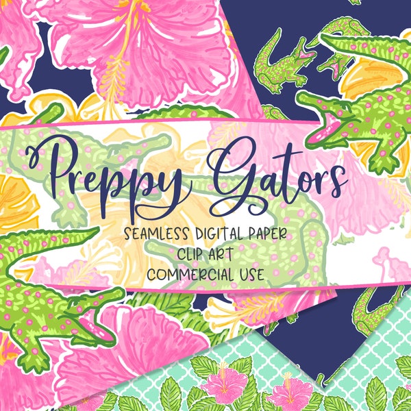 ALLIGATOR and HIBISCUS. Seamless Digital Paper. Clip Art. Preppy Patterns. Tropical. Gators. Watercolor. Repeat Pattern. Commercial Use.
