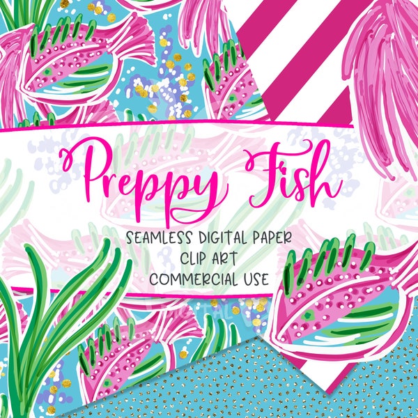FISH. Seamless Digital Paper. Clip Art. Preppy Patterns. Tropical. Watercolor. Repeat Pattern. Commercial Use.
