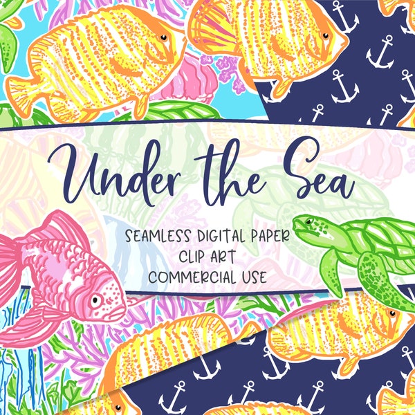 TROPICAL FISH and SEA. Seamless Digital Paper. Clip Art. Preppy Patterns. Tropical. Turtles. Watercolor. Repeat Pattern. Commercial Use.