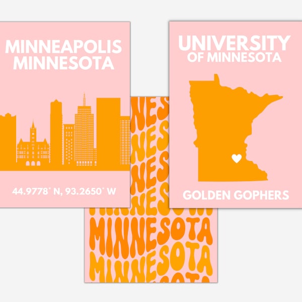 University of Minnesota Twin Cities Wall Art Decor - UMN Dorm Room Decor - Golden Gophers, Minneapolis - College Girl Pink/Orange Prints