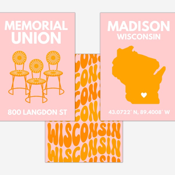 UW Madison Wall Art Decor - Universität von Wisconsin Madison Dorm Room Decor - WI Dachse, Memorial Union - College Girl Pink/Orange Drucke