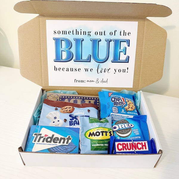 Gift Box - “Something Out Of The Blue, Because We Love You”, Care Package for College Students & Family - Snack/Treat Box, Unique Gift Idea