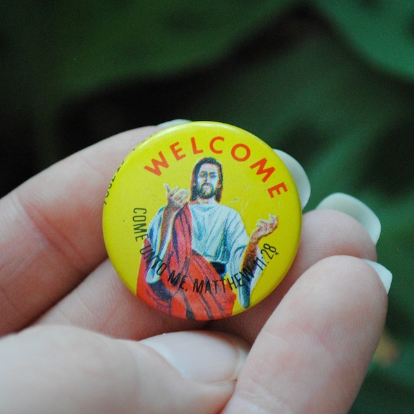 Vintage Welcome Come Unto Me Matthew 11:28 Button - Standard Publishing - Pin - Religious - Jesus Pinback