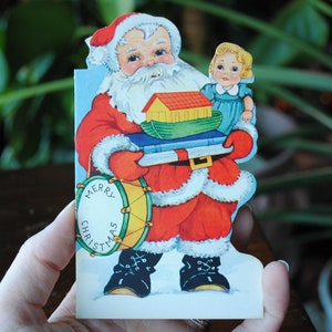 1940&#39;s Merry Christmas Xmas Card - Santa&#39;s Clothes Never Go Out Of Style - Drum - Toy Boat - Die Cut Single Fold - Vintage Holiday Card