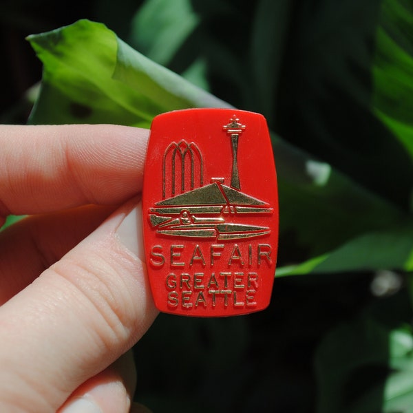 1968 Seafair Greater Seattle Pin - Hydroplane Seattle Center Space Needle - Plastic Lapel Tie Tack - Vintage Sea Fair Souvenir - 1960's