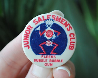 Vintage Fleers Dubble Bubble Gum Pin Back Button - Junior Salesmen's Club Pinback - Oryginalna odznaka - Lata 40. XX wieku