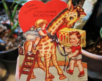 1940's Gosh Valentine I Wish You Were Necks To Me - Giraffe - Boy And Girl - Made In USA - Mechanical Flat - Vintage Valentine's Day Card