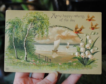Early 1900's Many Happy Returns Of The Day Postcard - EAS - Printed in Germany - Sailboats - Birds - Vintage Embossed Post Card