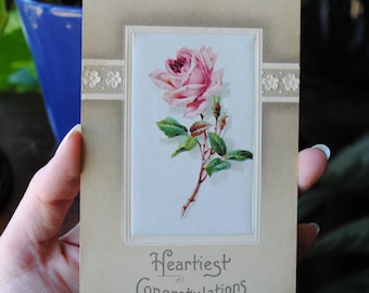 1915 Heartiest Congratulations Postcard - Rose Art - Printed in Germany - Inlaid Silk or Satin - Antique Post Card - Vintage 1910's