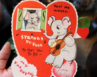 1940's Tell Me Which Strings To Pull To Get You To Be My Valentine - Elephant - Made In USA - Mechanical Flat - Vintage Valentine's Day Card