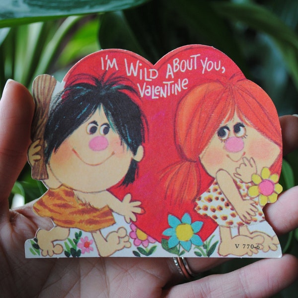 1960's I'm Wild About You Valentine - Caveman Cavewoman Couple - Die Cut - Vintage Valentine's Day Card