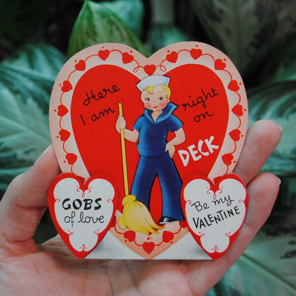 1940's Here I Am Right On Deck Valentine - Sailor - A-Meri-Card - Made In USA - Die Cut - Vintage Valentine's Day Card