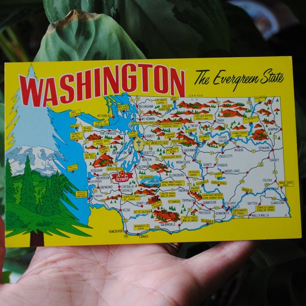 Vintage Washington The Evergreen State Postcard - State Map - Washington Souvenir - Mirro Krome - HSC-344 MapCard Series - 1960's