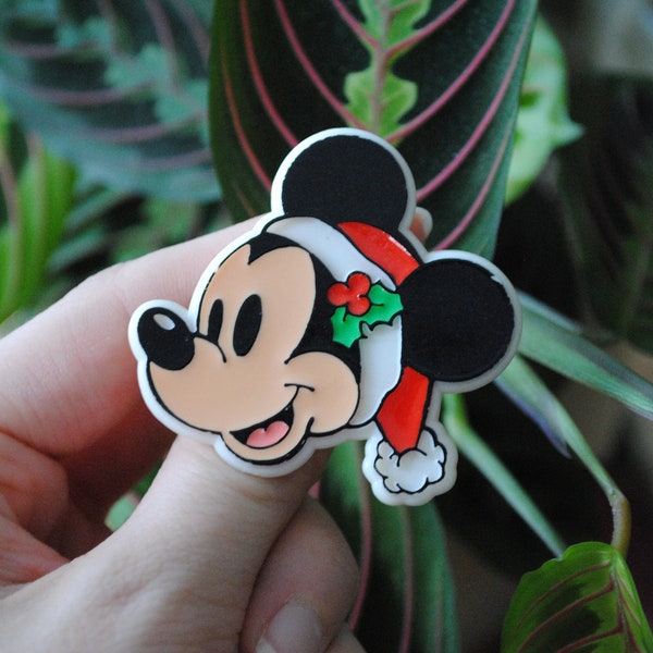 1970's Santa Mickey Mouse Pin - Christmas Holiday Badge - Santa Hat with Holly - Vintage Disney - Pop Culture