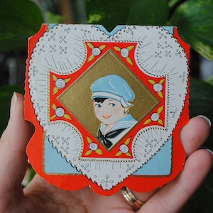 1920&#39;s Just A-Thinkin&#39; Of You Valentine - Sailor Boy - Carrington Co - Embossed Die Cut Single Fold - Vintage Valentine&#39;s Day Card