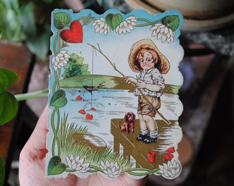 1910's I've Been Fishing Valentine - Boy Fishing - Dog - Made In USA - Die Cut Embossed Single Fold - Vintage Valentine's Day Card - Antique