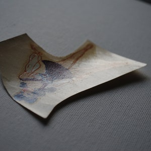 May include: A vintage, faded, paper sticker with a colorful illustration of a woman in a red dress and a blue hat. The sticker is slightly curled and has a worn, aged appearance.