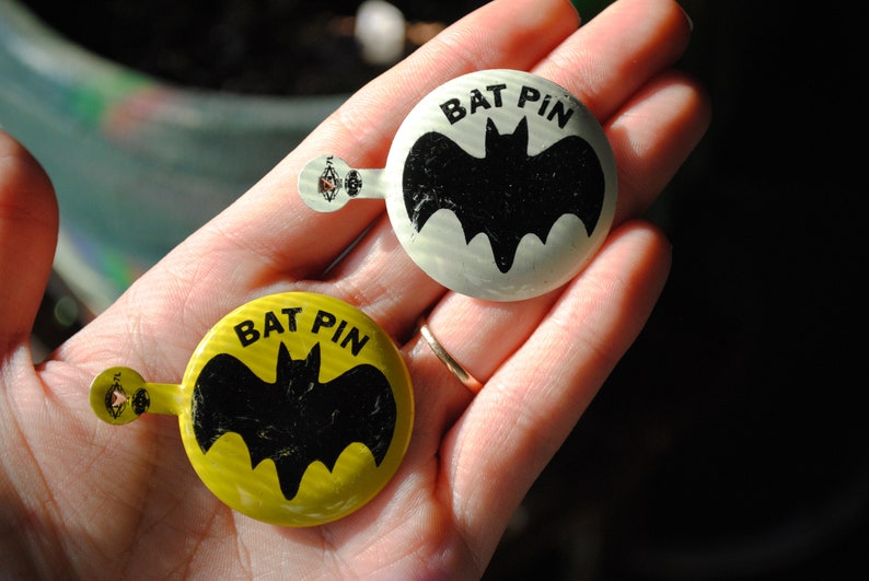 Union Label Vintage 1960/'s Batman Bat Pin Tab Pin Button Campaign Style Pin Lithographed Fold Over Badge