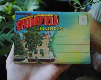 Vintage 1946 Historic Springfield Illinois Fold Out Postcard - Curt Teich - Abraham Lincoln Souvenir & Gift Shop - Souvenir Booklet - 1940's