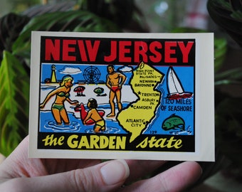 Original New Jersey State Travel Decal - NJ - Retro Window Sticker - Vintage Baxter Lane - Water Dip Transfer - 1960's