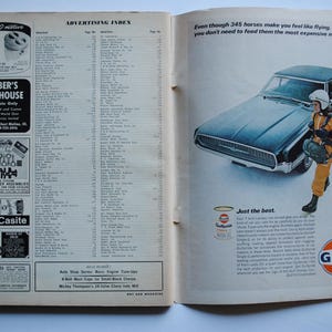 May include: A magazine page with an advertisement for Gulf motor oil featuring a black Ford Mustang with the text "Even though 345 horses make you feel like flying, you don't need to feed them the most expensive motor oil. Just the best."