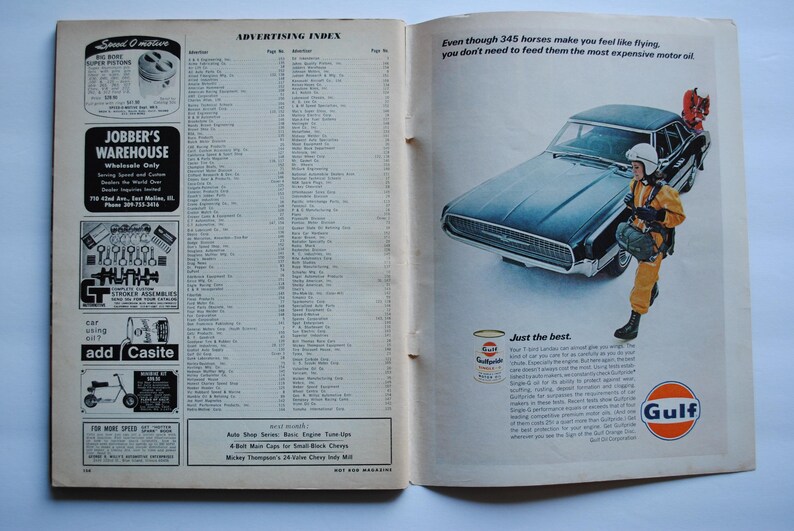 May include: A magazine page with an advertisement for Gulf motor oil featuring a black Ford Mustang with the text "Even though 345 horses make you feel like flying, you don't need to feed them the most expensive motor oil. Just the best."