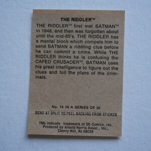 1978 the Riddler Sticker - DC Comics - Batman - Sunbeam - No 14 of 30 ...