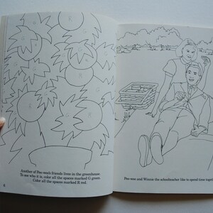 May include: A black and white coloring book page featuring a tree with leaves and a basket. The text on the page reads: "Another of The-weels friends lives in the greenhouse. To see what it is, color all the spaces marked G green. Color all the spaces marked R red. Phe-wee and Winnie the schoolteacher like to spend time together."