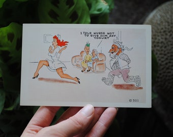 Vintage I Told Nurse Not To Give Him Any Yogurt Postcard - KromeKolor Comic Card - Nurse Chased By Patient - Risqué Humor Post Card - 1950's