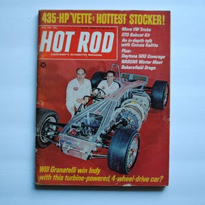 May include: A vintage Hot Rod magazine cover featuring a red and white race car with a turbine engine. The cover text reads "435-HP Vette: Hottest Stocker!" and "Will Granatelli win Indy with this turbine-powered, 4-wheel-drive car?"