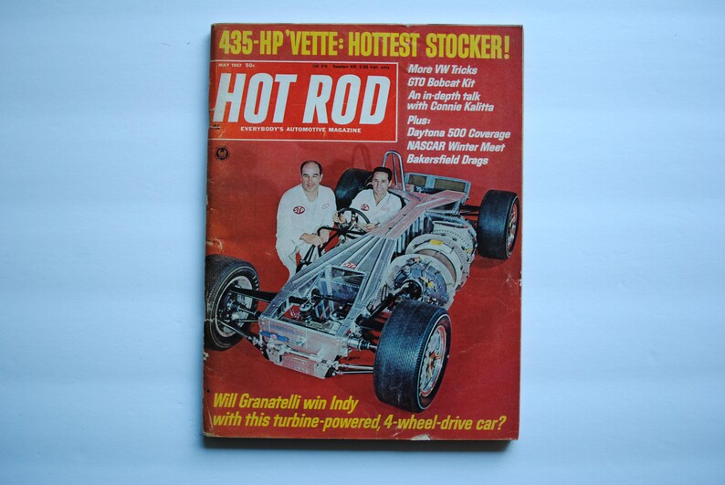 May include: A vintage Hot Rod magazine cover featuring a red and white race car with a turbine engine. The cover text reads "435-HP Vette: Hottest Stocker!" and "Will Granatelli win Indy with this turbine-powered, 4-wheel-drive car?"