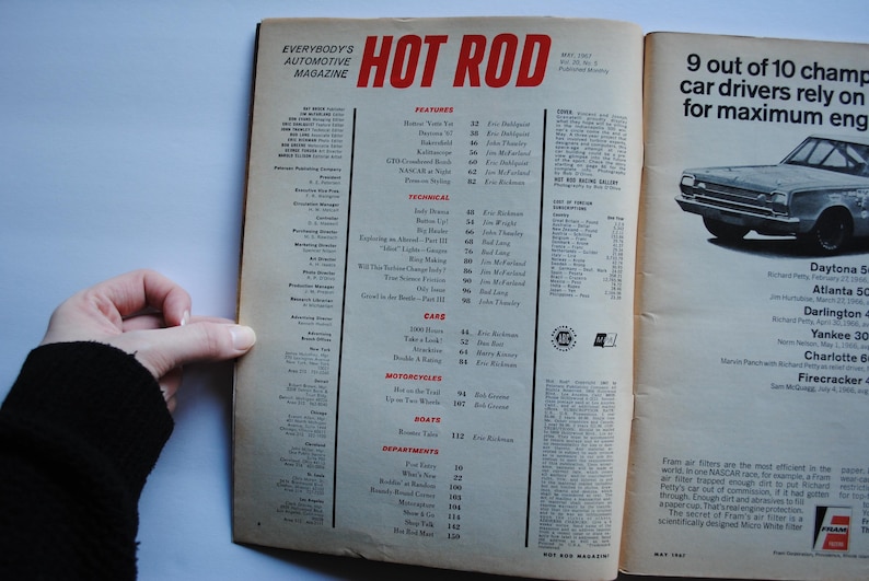 May include: A vintage magazine cover for Hot Rod magazine, May 1967. The cover features a red and white car with a black stripe. The text on the cover reads "Everybody's Automotive Magazine" and "Hot Rod".