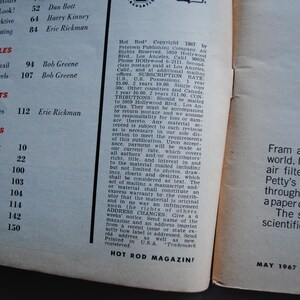May include: A magazine cover for Hot Rod Magazine, May 1967, featuring a black and white photo of a car with the text "Fram air filters are the best in the world. In one NASCAR race, a Fram air filter trapped enough dirt and debris to fill a paper cup. That's real engine protection! The secret of Fram is scientifically designed media."