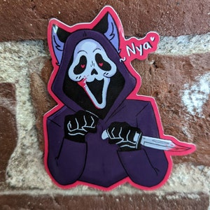 May include: A sticker of a purple and black cartoon ghost with cat ears, holding a bloody knife. The ghost has a white mask with a wide smile and red eyes. The sticker has a pink border and the text "Nyaa" written in pink.