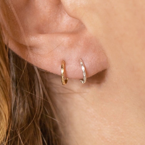 14k Gold Filled & Silver Textured Huggie Hoop Earring | Textured Hoop Earring | Infinity Earrings | Endless Hoop Earring | Cartilage Earring